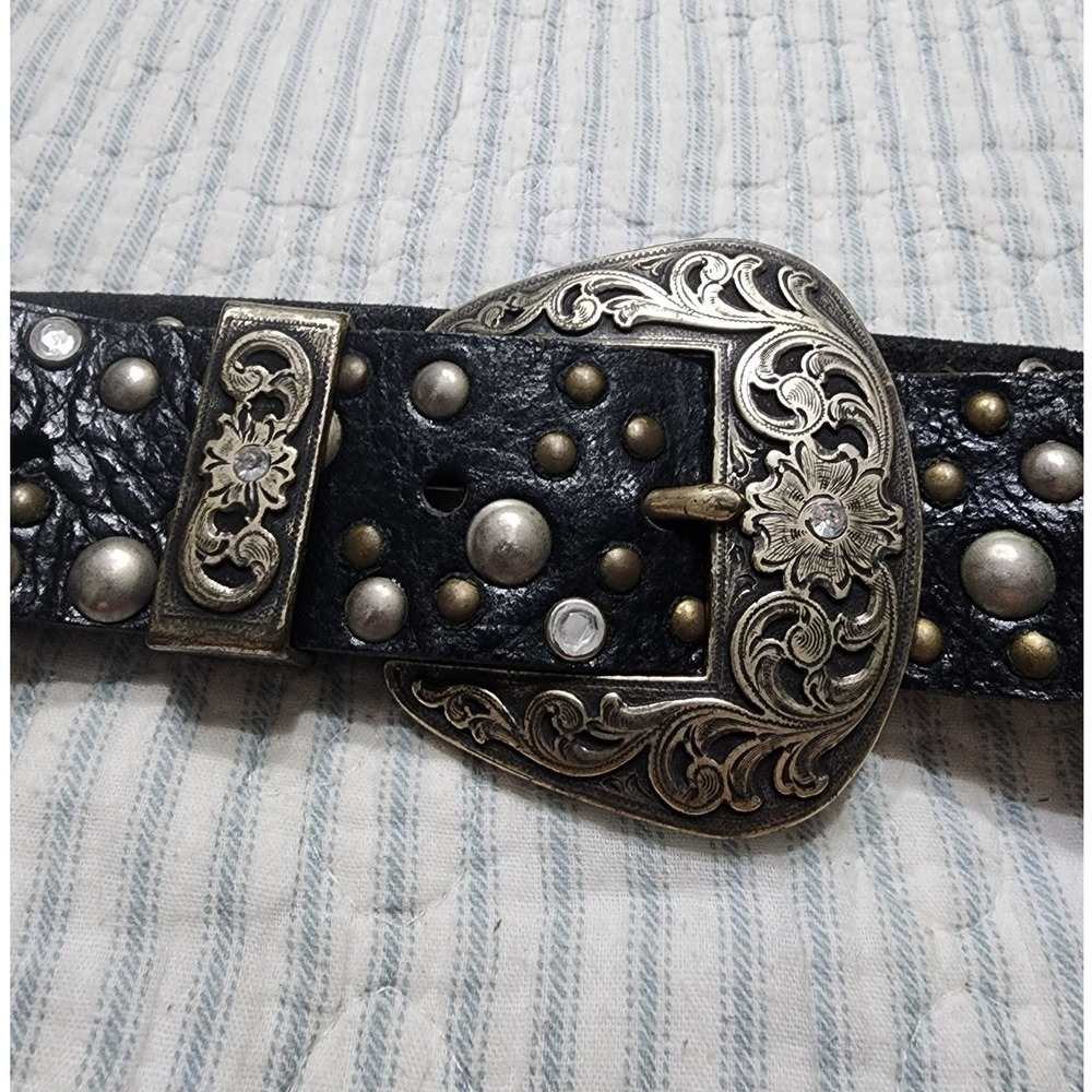 Vintage Nine West Black Leather Studded Western Belt Rhinestone Floral Buckle M